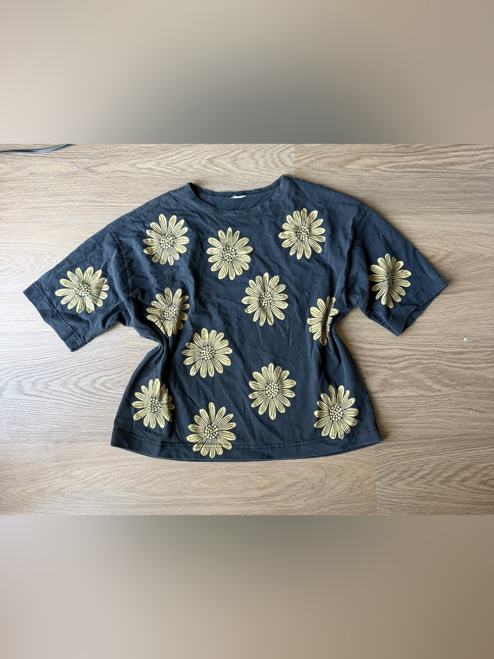 Black Tee with Large Yellow Daisy Print